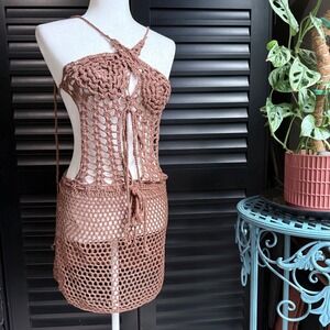 NWT Mica's Crochet Coverup Beach Swim Tan open Back Ties Skirt